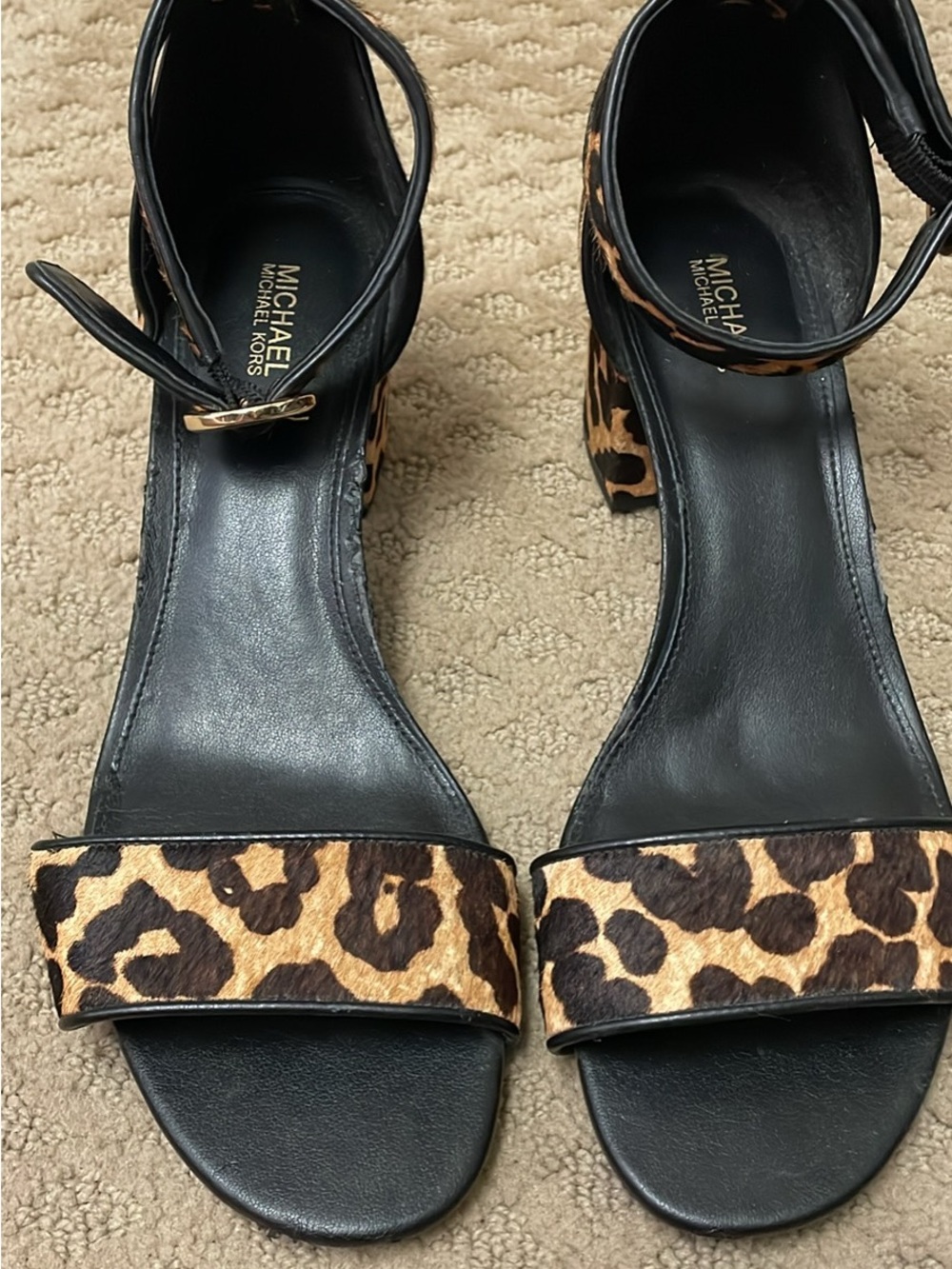 MICHAEL Michael Kors Black Ankle-Strap Sandals with Leopard Print